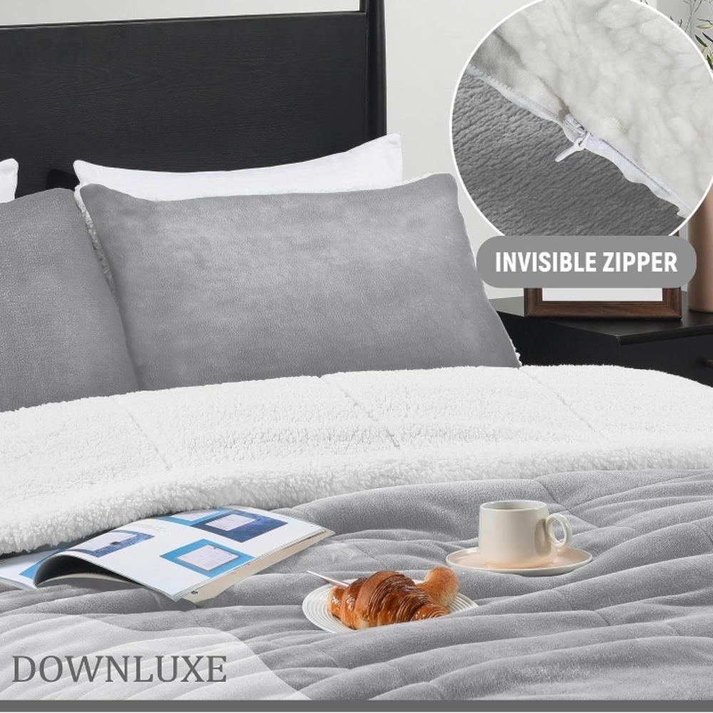 Amazon Basics Sherpa Light Gray Queen Bedspread 2 Zippered Shams! Queen! soft!